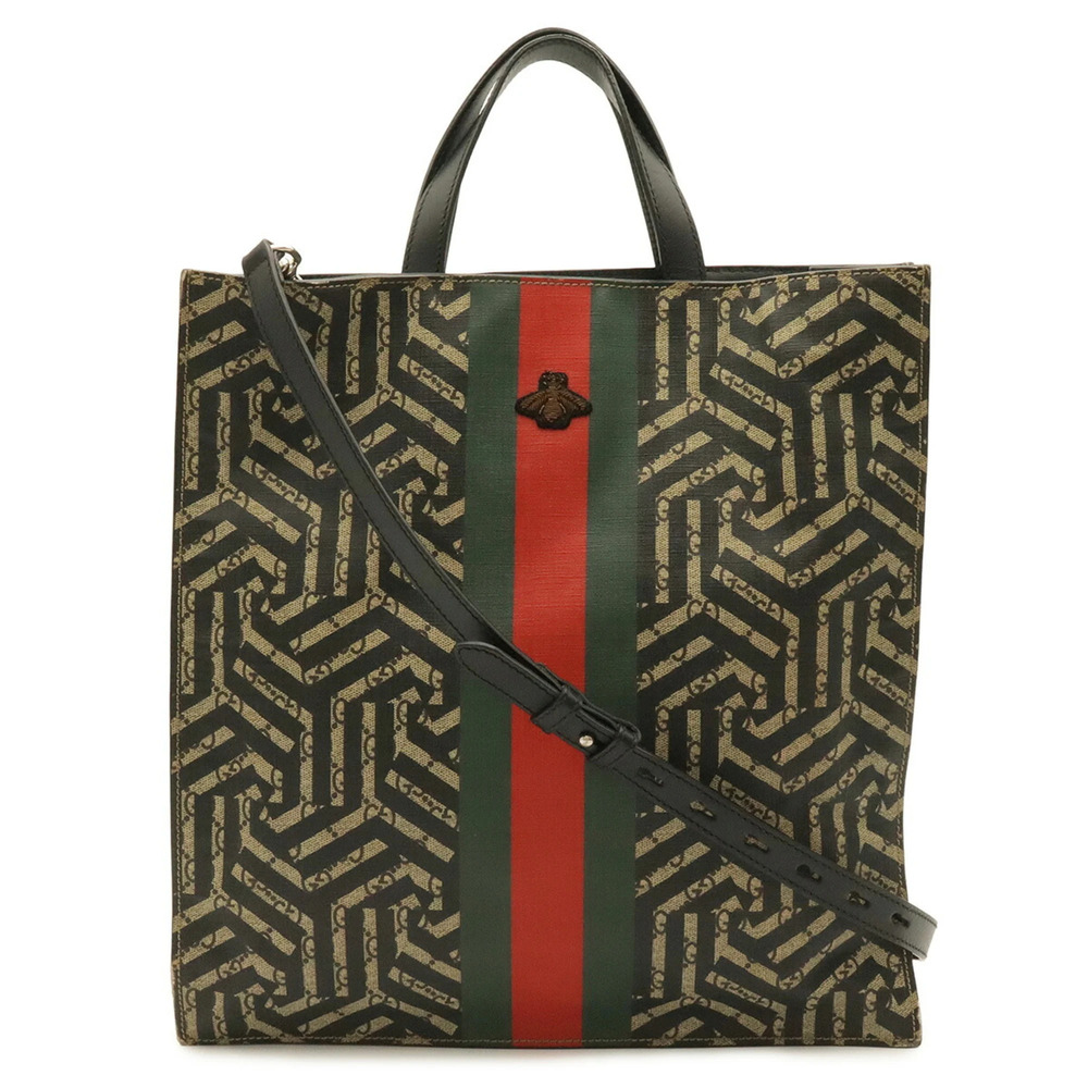 GUCCI GG Kaleido Supreme Web Line Tote Bag Shoulder Bee (Khaki Beige Black) 4...